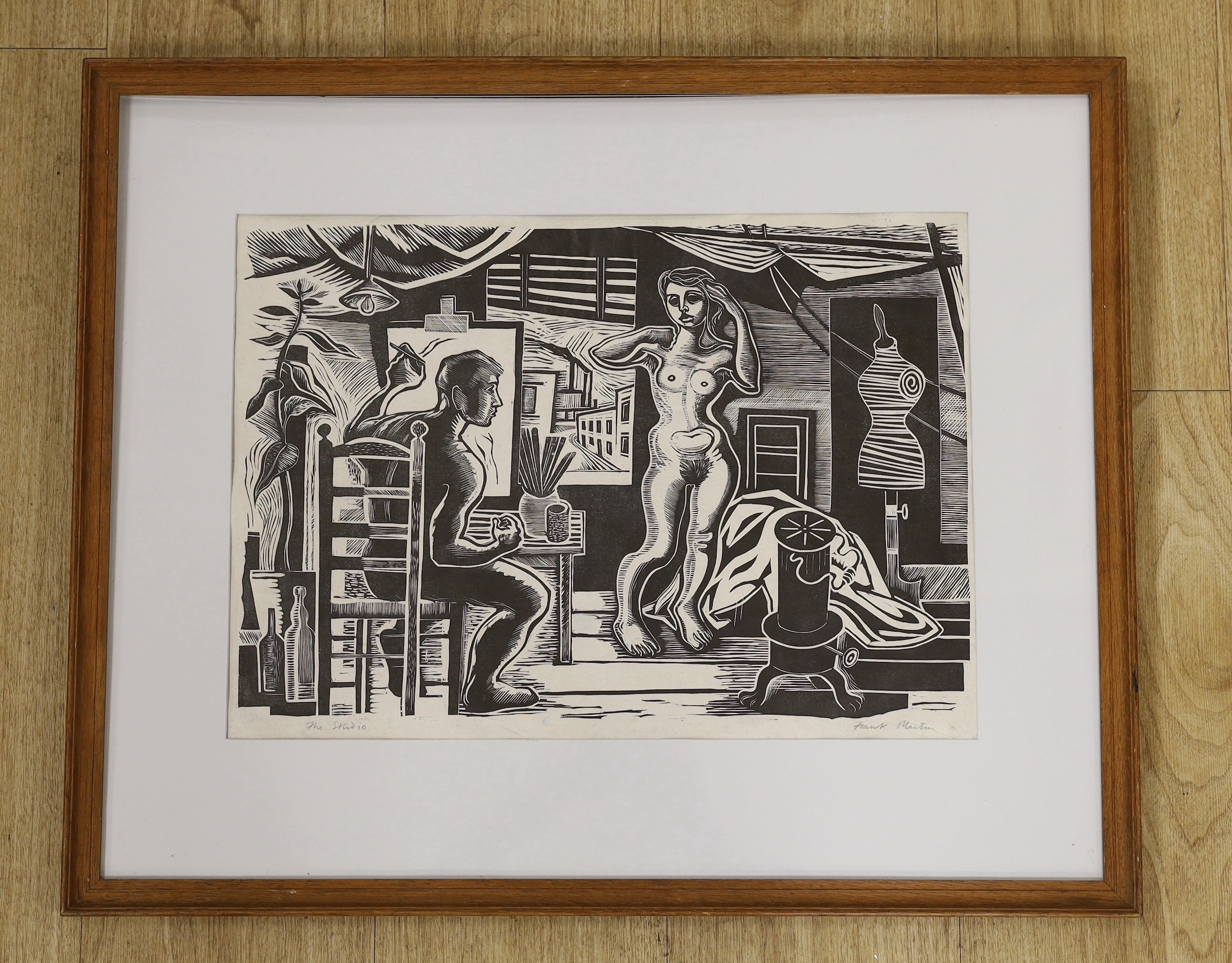 Frank Vernon Martin (British, 1921-2005), wood engraving, 'The Studio', signed, 33 x 46cm